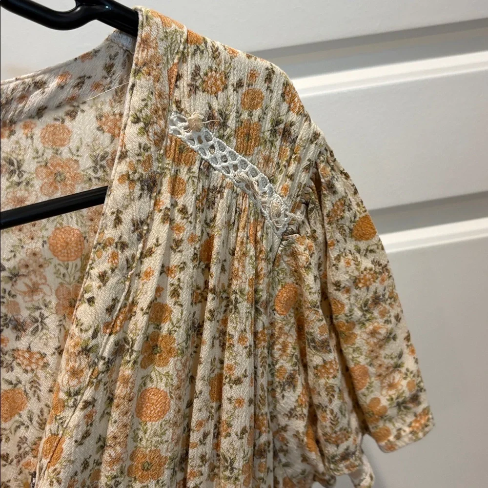 Cotton Rye Floral Half Button Up Tie Waist Midi Dress in Yellow Cream and Green - Picture 6 of 6